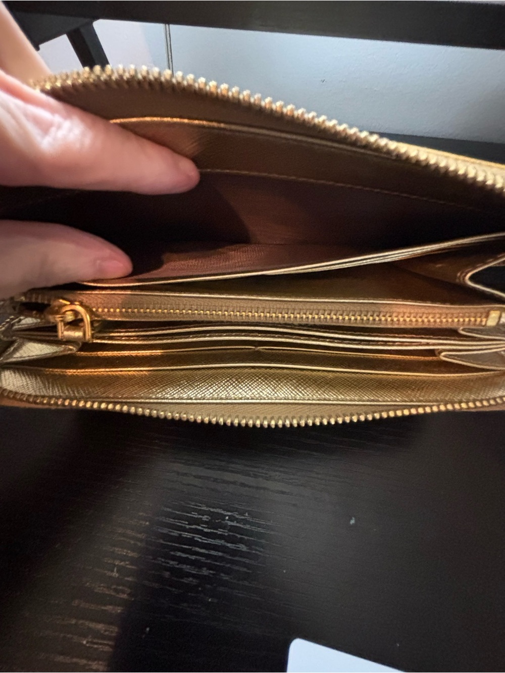 PRISTINE Prada Saffiano Leather Long Zip-Around Wallet – Metallic Gold (Platino) - Picture 10 of 11